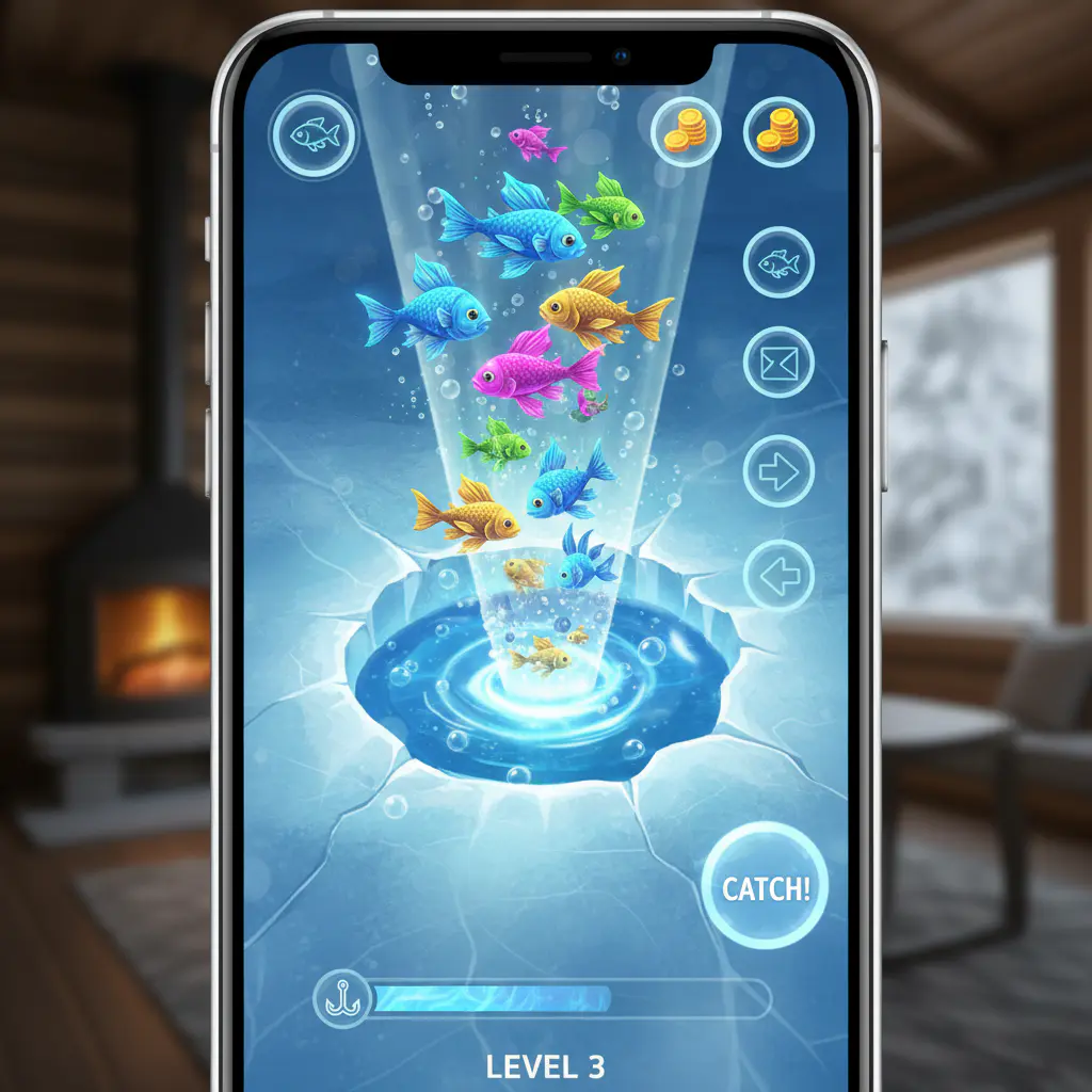 Mobile game screen showing fishing action