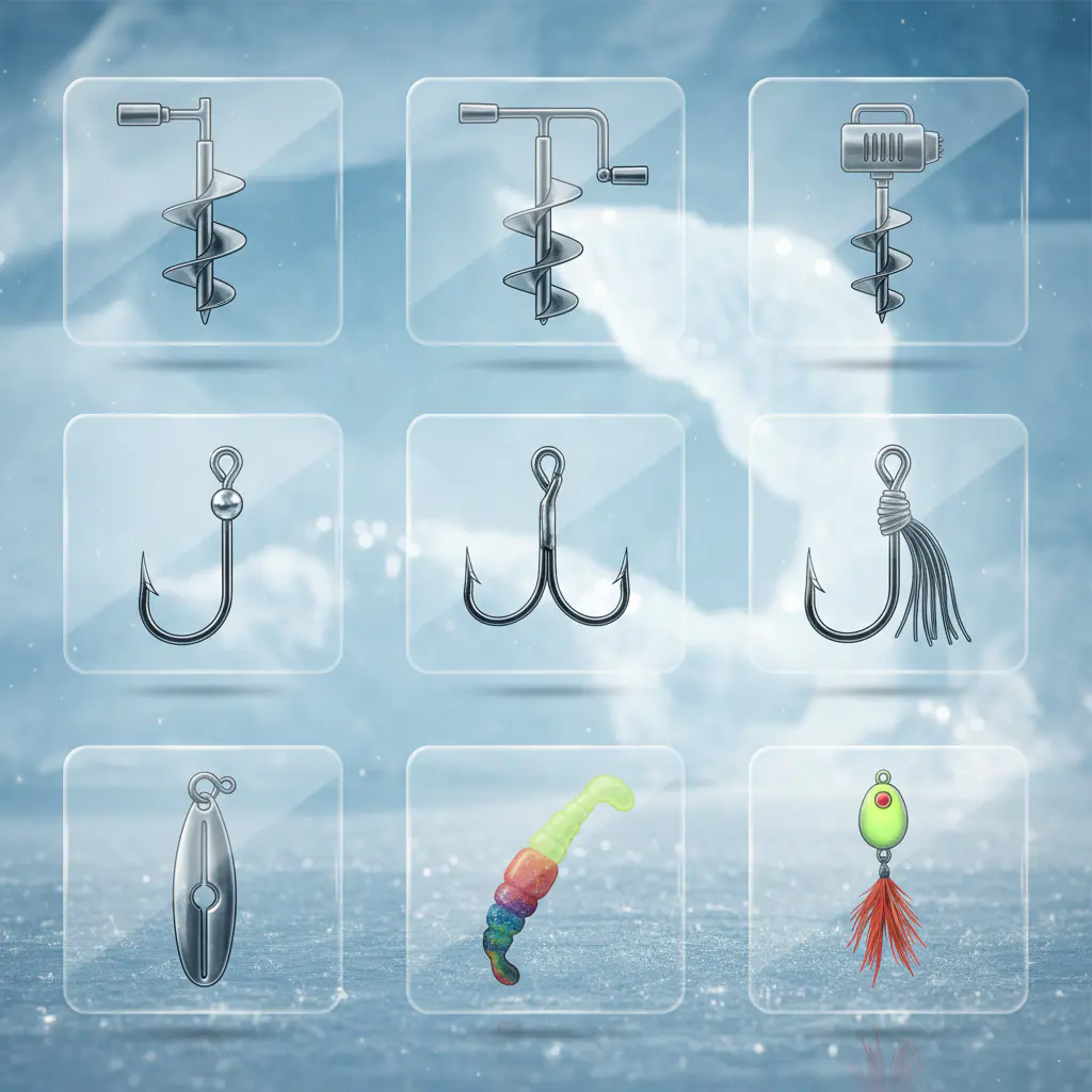 Collection of upgraded ice drills and fishing rods