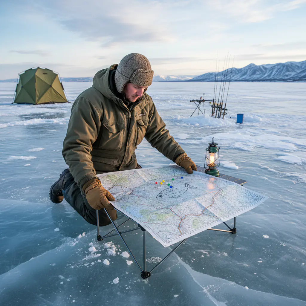 Fisherman reviewing strategy map on frozen lake
